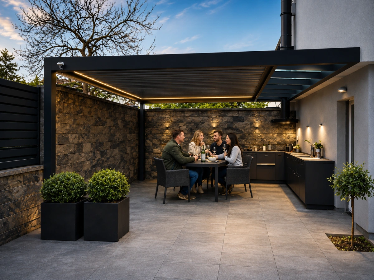 Stylová venkovní pergola s integrovaným LED osvětlením, pod kterou si skupina lidí užívá večerní posezení na moderní terase