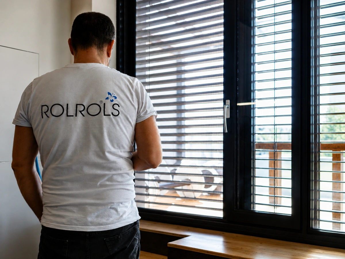 Člen týmu ROLROLS při práci s venkovním stíněním