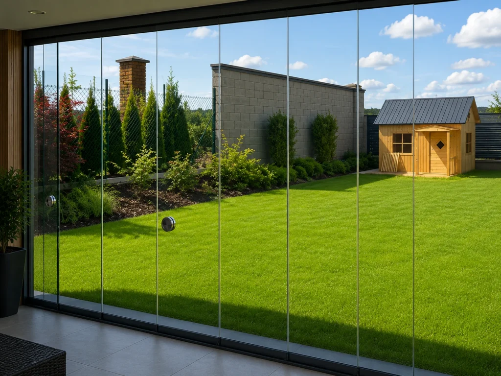 Bezrámové posuvné zasklení pergoly s panoramatickým výhledem