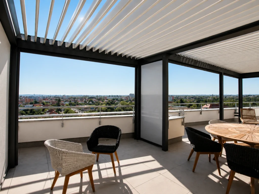 Bioklimatická pergola NEW ATYP s výřezem kolem stěny domu