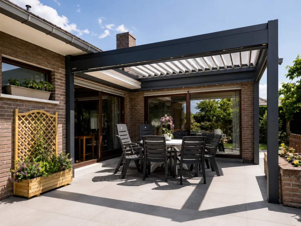 Moderní bioklimatická pergola ONE zastřešující terasu rodinného domu