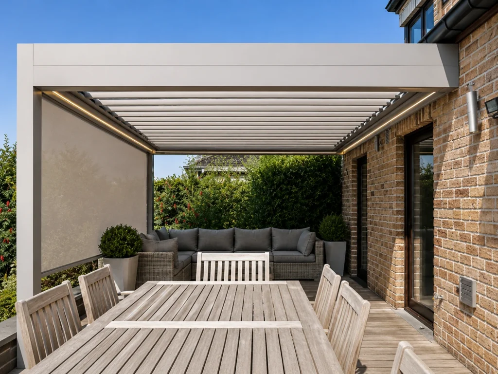 Bioklimatická pergola ONE s lamelovou střechou a posezením