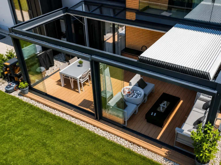 Bioklimatická pergola OPEN s prosklenou střechou a plisé zastíněním