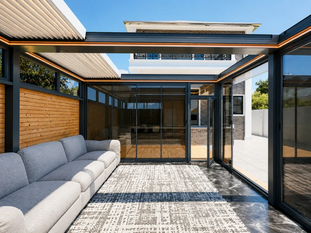 Bioklimatická pergola OPEN s otevřenou prosklenou střechou