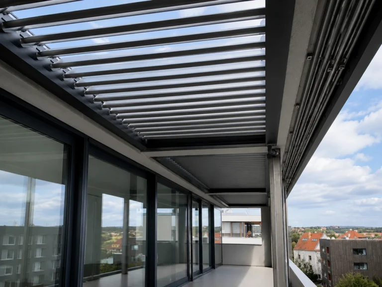 Bioklimatická pergola do otvoru instalovaná mezi dvě stěny domu