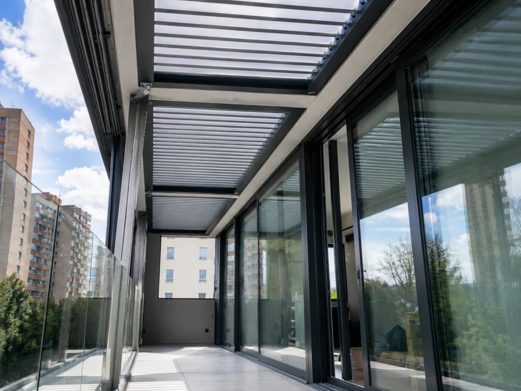 Bioklimatická pergola zabudovaná do prosklené terasy