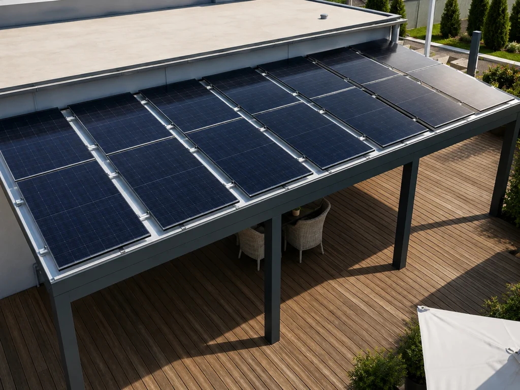 Detail fotovoltaických panelů na carportu EOS Power
