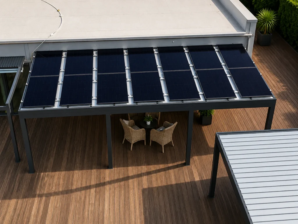 Fotovoltaické panely integrované do zastřešení terasy