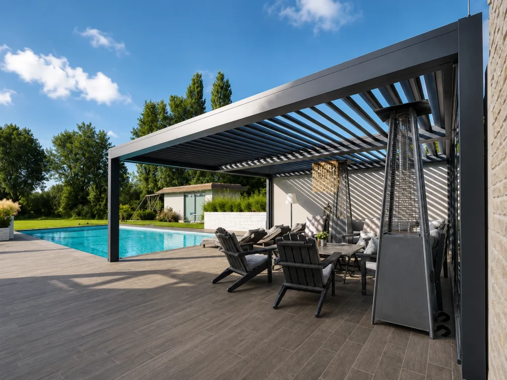 Bioklimatická pergola STAR s kubistickým designem a integrovaným odvodem dešťové vody