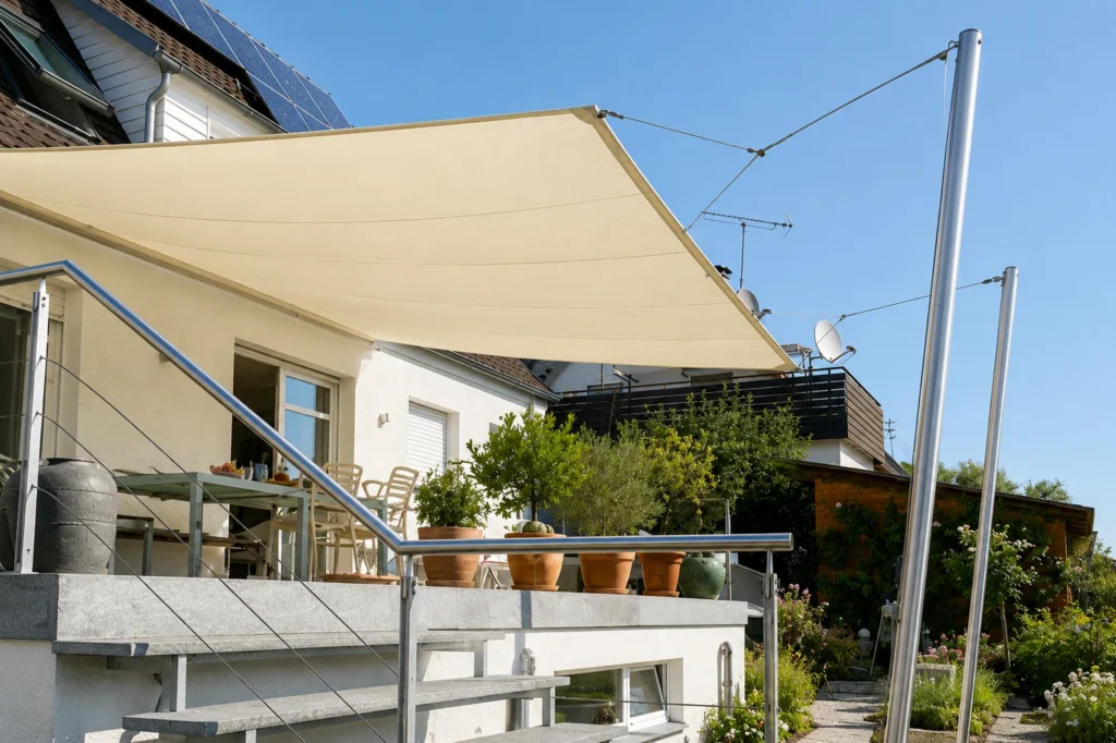 Stínicí plachta přizpůsobená rozměrům venkovní terasy
