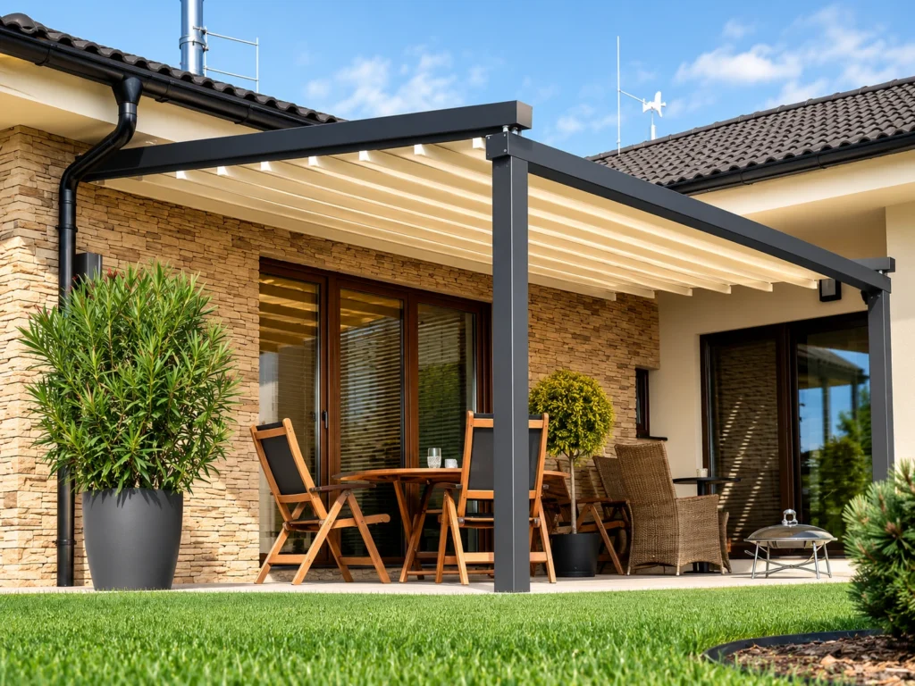 Moderní pergola MIO s výsuvnou textilní střechou pro zastínění terasy