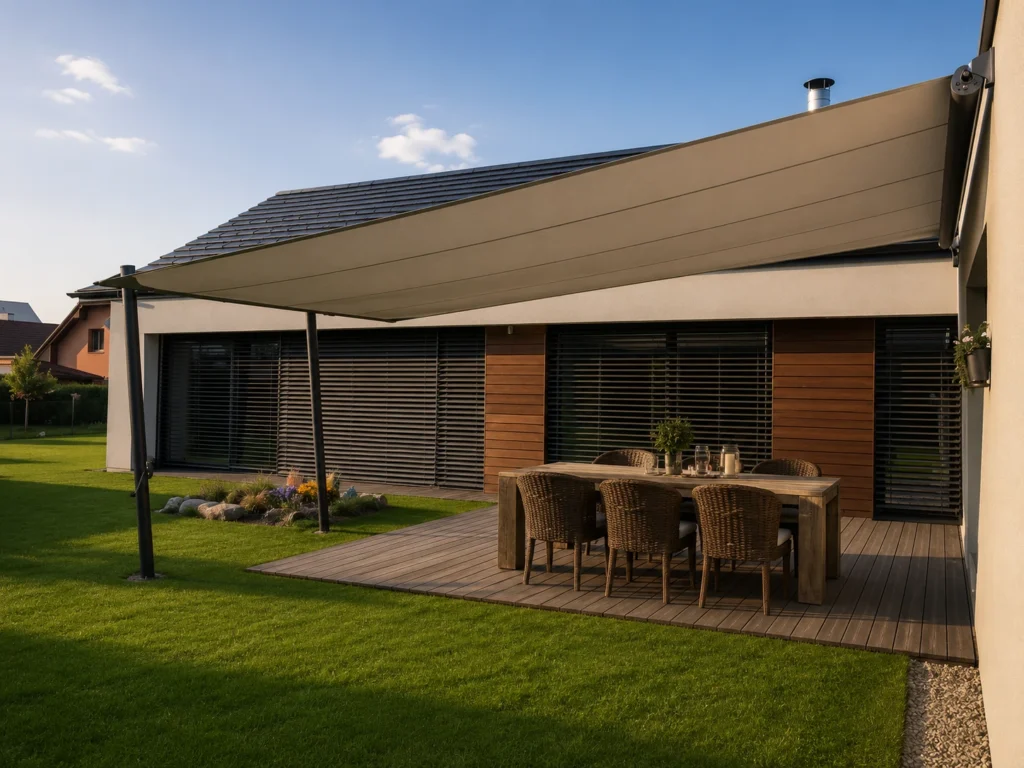 Rolovací stínicí systém Skyshade pro ochranu před sluncem na terase