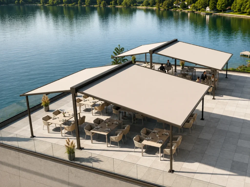 Velkoplošná pergola Wings pro restaurace, hotely a komerční prostory.