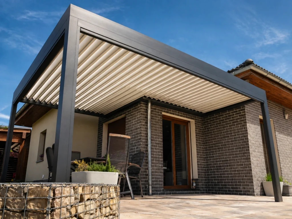 Moderní hliníková bioklimatická pergola v atypickém provedení – elegantní konstrukce s naklápěcími lamelami na terase rodinného domu z tmavých cihel.