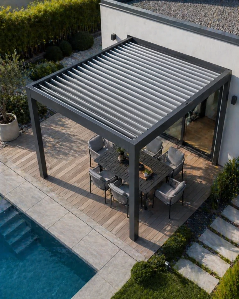 Moderní hliníková bioklimatická pergola na terase rodinného domu při západu slunce, s pohodlným venkovním posezením a výhledem do krajiny