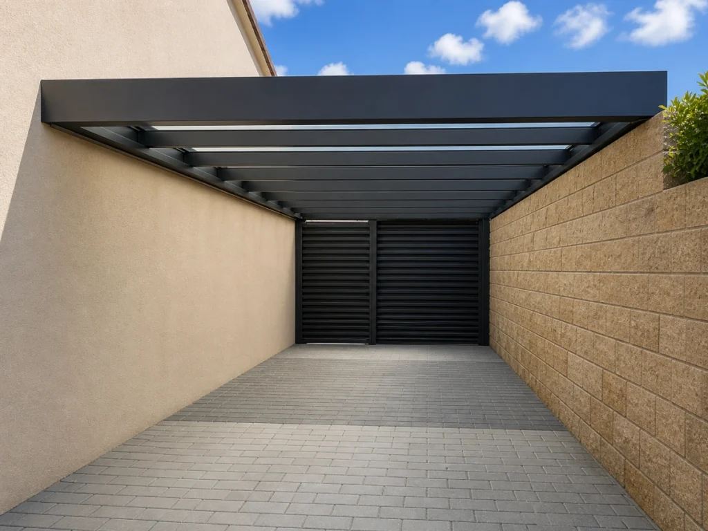 Moderní hliníkový carport s plochou střechou a bočním zakrytím – elegantní řešení Rolrols pro ochranu vozidla před deštěm, sněhem i sluncem.