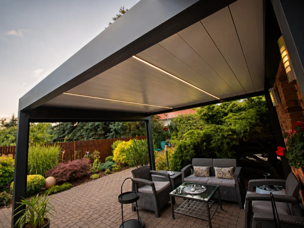 Moderní hliníková pergola s integrovaným LED osvětlením na terase rodinného domu