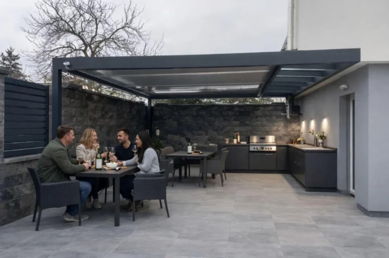 Zastřešená pergola s venkovní kuchyní a jídelním stolem
