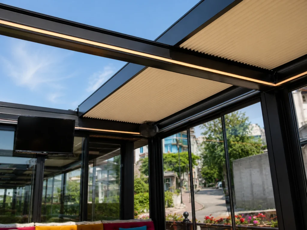 Bioklimatická pergola OPEN s odsunovacím střešním systémem a plisé zastíněním