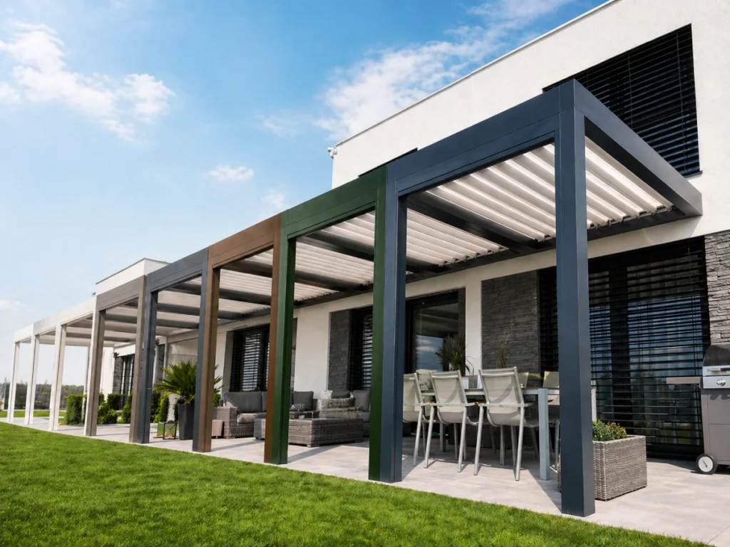 Řada moderních hliníkových bioklimatických pergol v různých barevných provedeních – ukázka neomezené škály barev a elegantního designu pro terasy rodinných domů