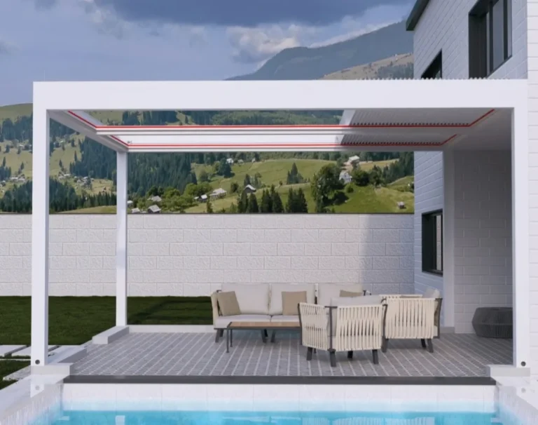 Hliníková pergola s posezením na terase rodinného domu