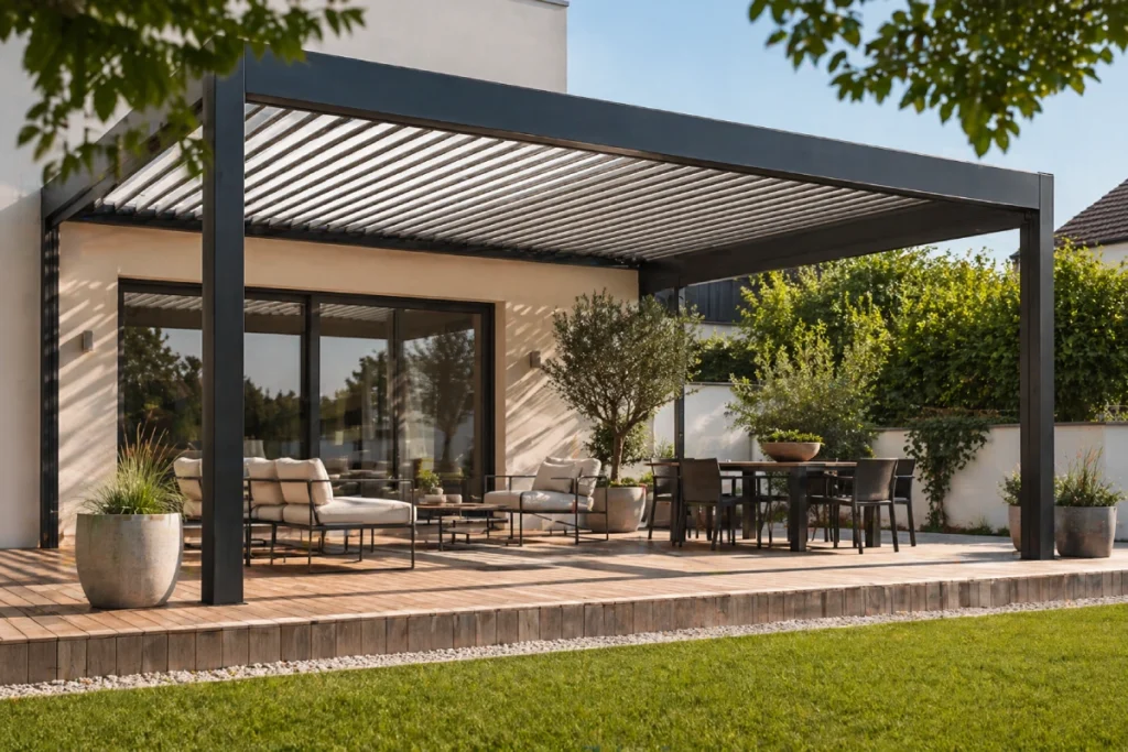 Moderní hliníková bioklimatická pergola na terase rodinného domu, s venkovním posezením a jídelní zónou, obklopená zelení a trávníkem