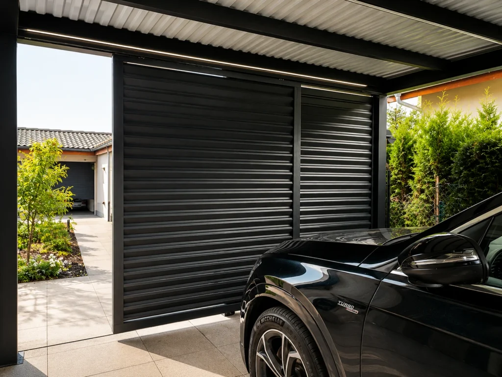 Carport EOS s posuvnými větrolamy.