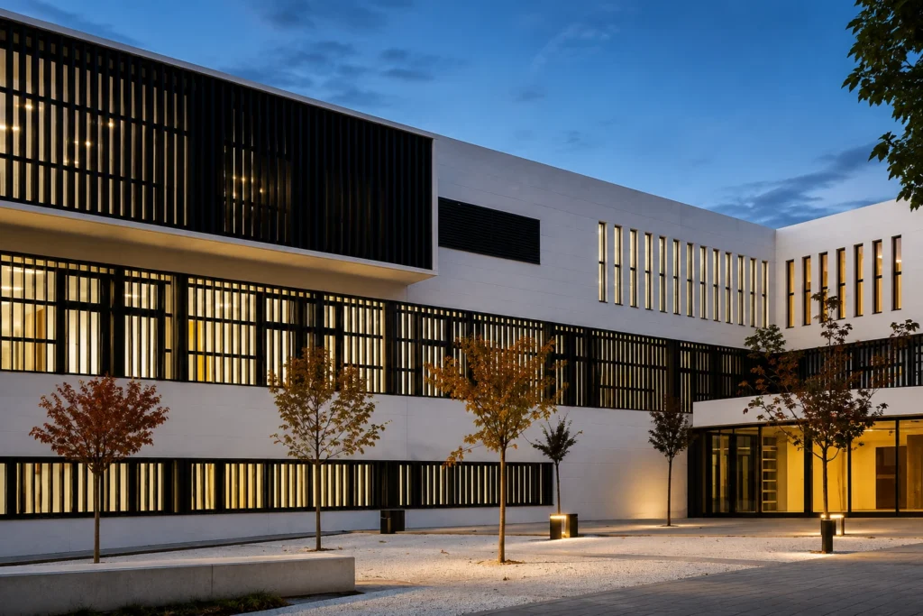 Dekorativní slunolamy na fasádě moderní budovy
