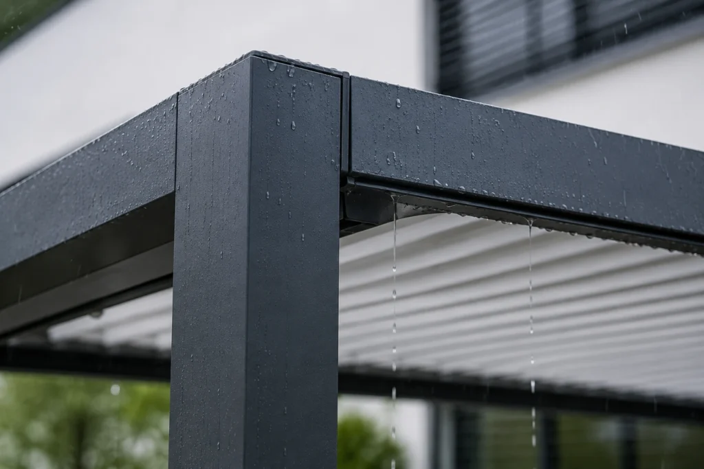 Detail těsnění bioklimatické pergoly NEW proti vibracím a zatékání vody
