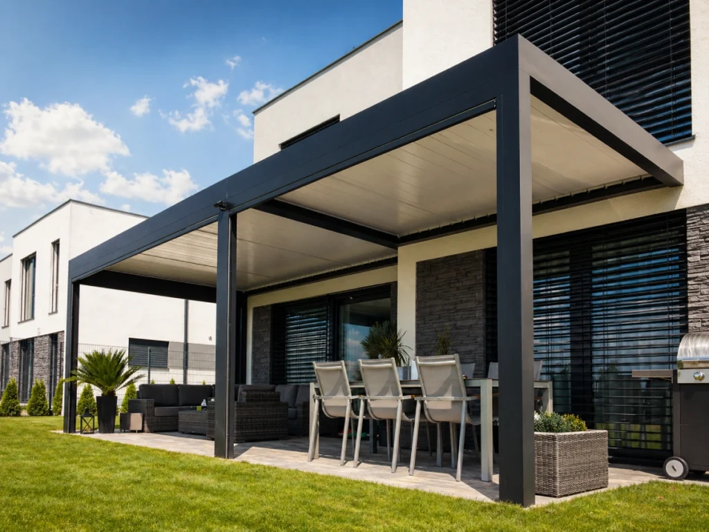 Vícemodulová hliníková pergola na terase moderního domu – elegantní řešení stínění s venkovním posezením a jídelní zónou, doplněné zelení a grilem