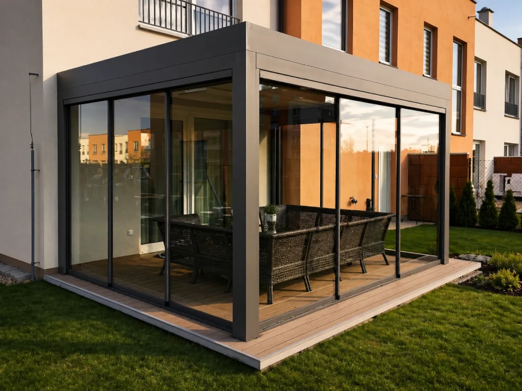 Moderní hliníková pergola se zasklívacím systémem – elegantní venkovní prostor s posuvnými skleněnými panely, chráněný před větrem a deštěm